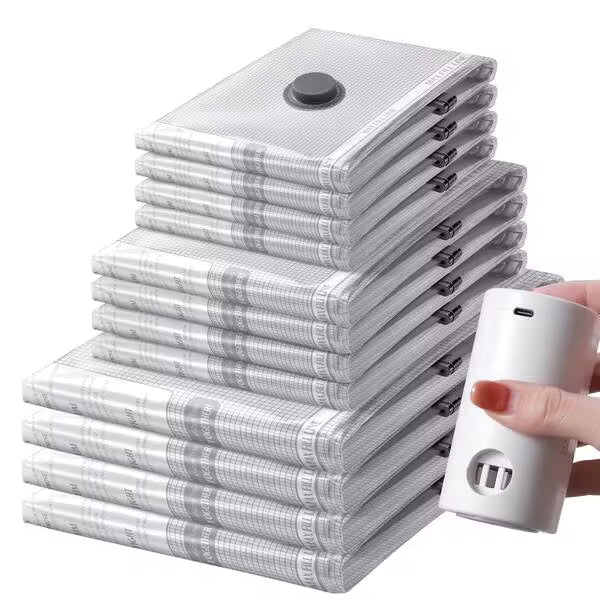 12pcs Vacuum Bags For Travel With Rechargeable Air Pump,Checkered Pattern Storage Bags,Reusable For Clothes, Comforters, Blankets, Pillow, Bedding, Sealer Clothing Storage,Travel Accessories,Organize Essential