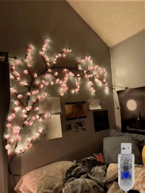 96/144 LED Cherry Blossom Vine Lights, Romantic Floral Design, 8 Flashing Modes, USB Powered, Flexible & Bendable, Suitable For Wedding Decor, Home Decor, Fairy Garden, Room, Wall, Yard, Holiday Party, Gaming Room, Office