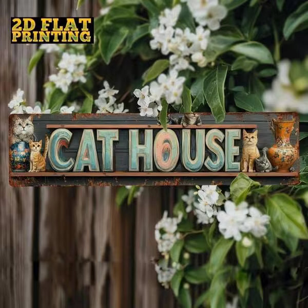 2D Flat, 1pc Vintage "CAT HOUSE" Metal Wall Sign - Rustic Aluminum Decorative Plaque With Colorful Cat Illustrations, 4x16 Inch Country Style Wall Art For Cattery, Pet Store, Home Decor (Halloween/Christmas/Thanksgiving), Cat Wall Art, Cattery Decora